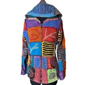 Patchwork Hoodie Jacket With Peace Symbols & Embroidery By Rising International